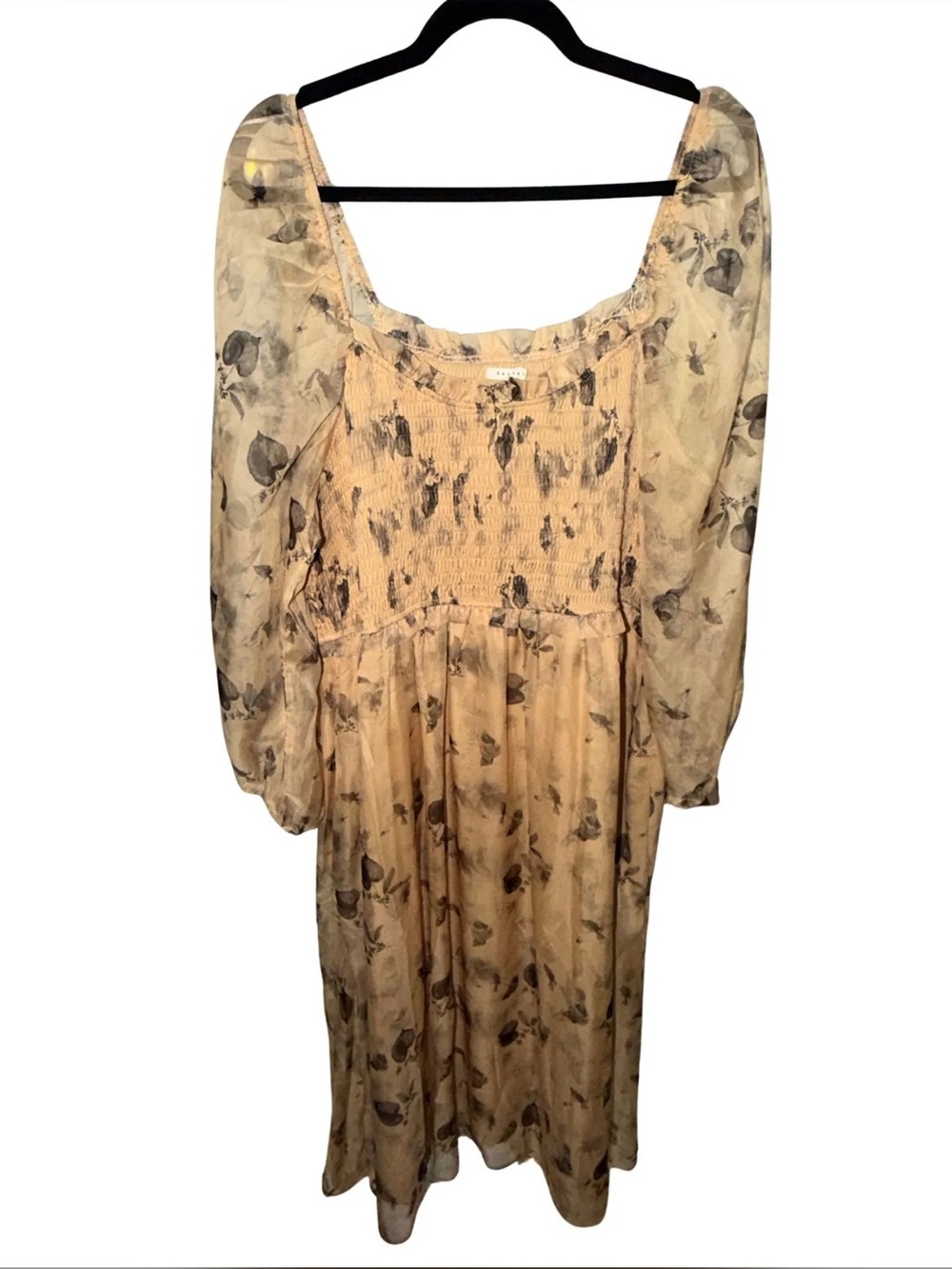 Baevely Smocked Sheer Long-Sleeve Midi Dress